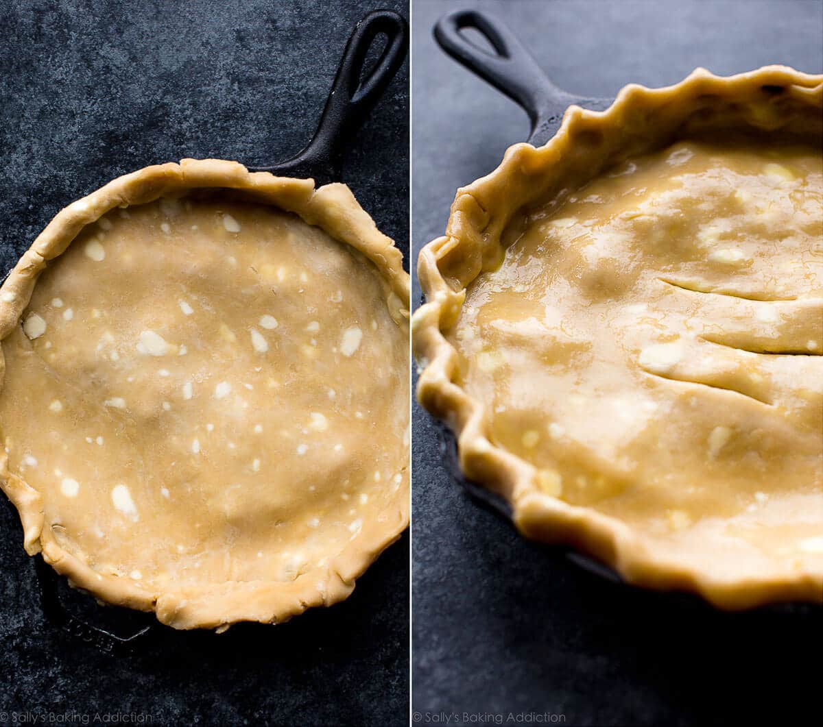 2 images of pie crust on top of skillet pot pie and pie crust with crimped edges and slits before baking