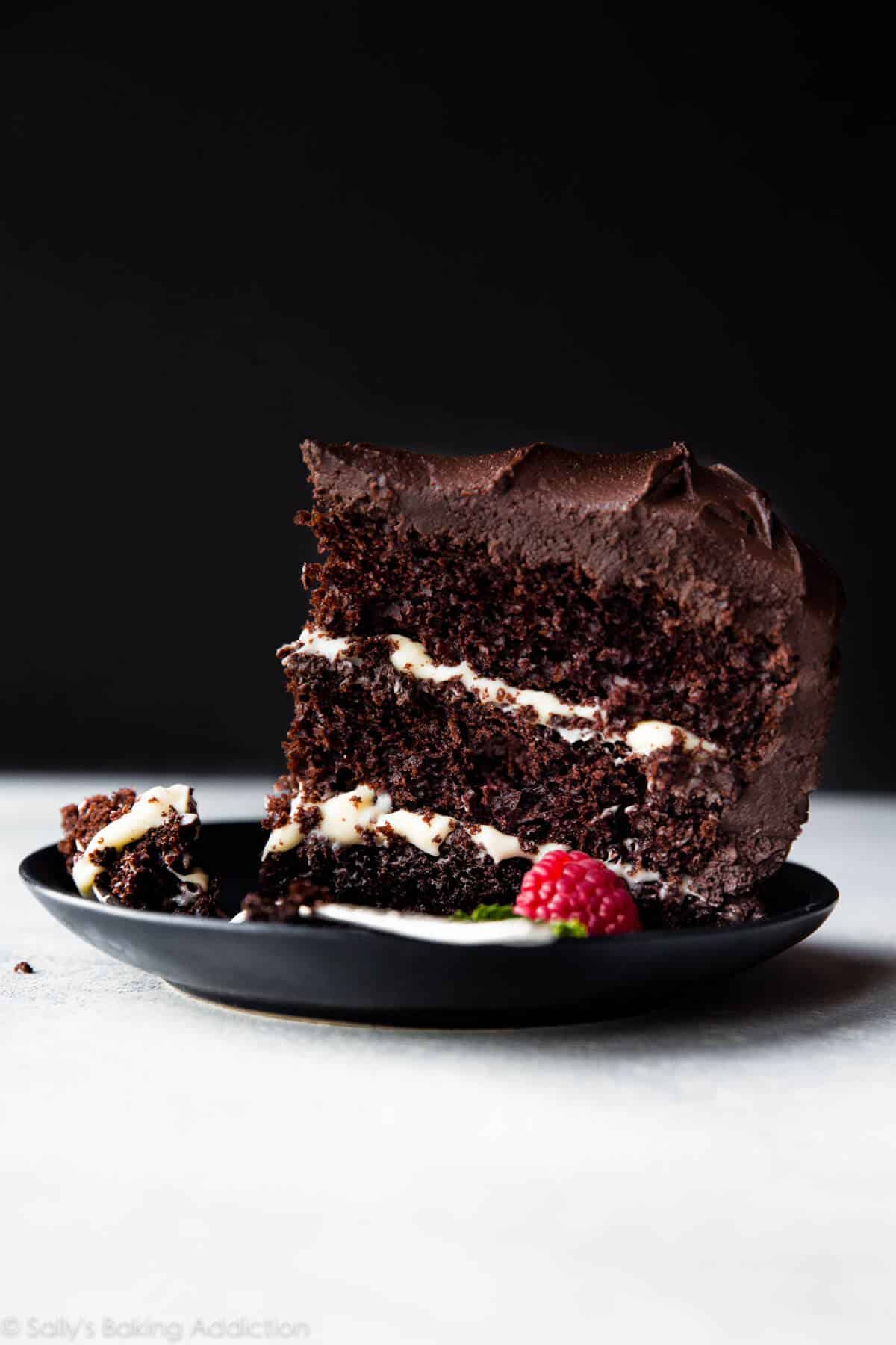 slice of tuxedo cake on a black plate