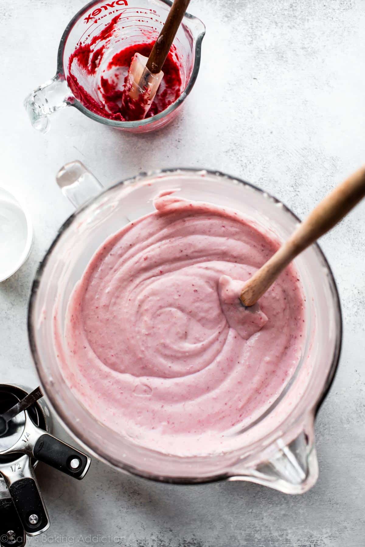 strawberry cake batter in a glass bowl