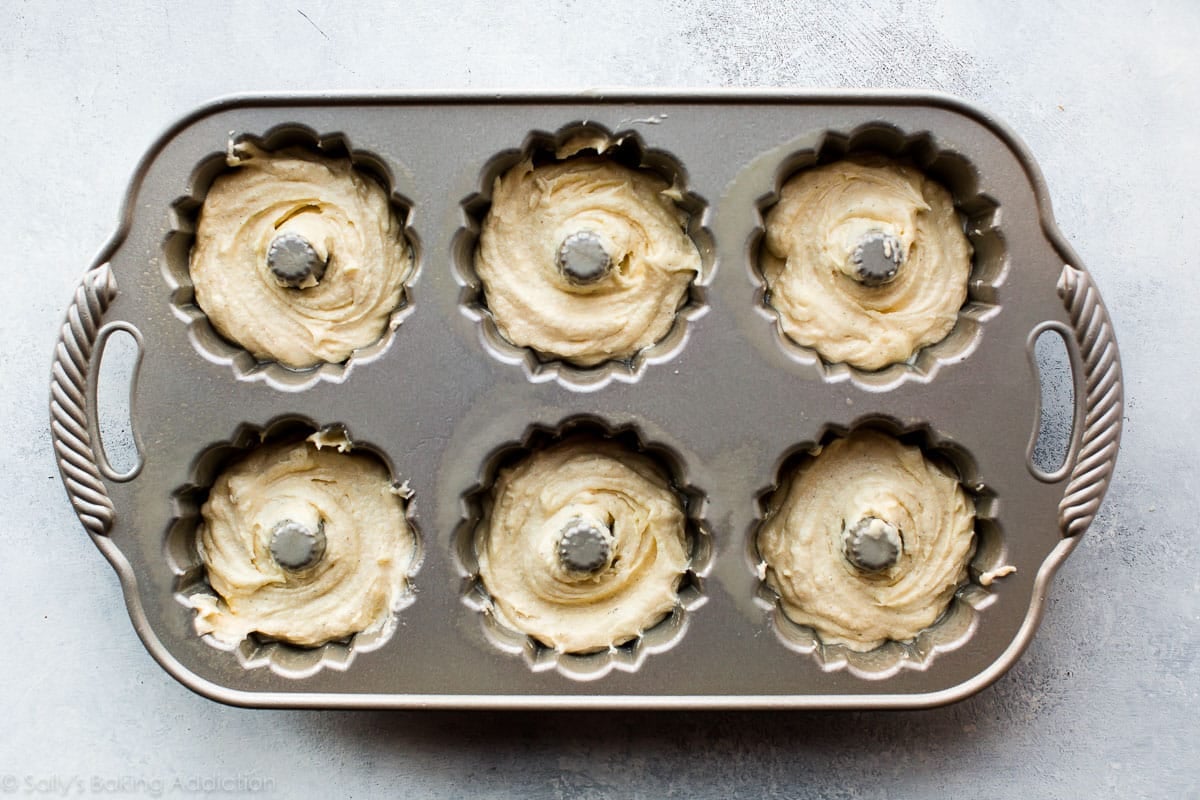 vanilla pound cake batter in mini bundt cake pan