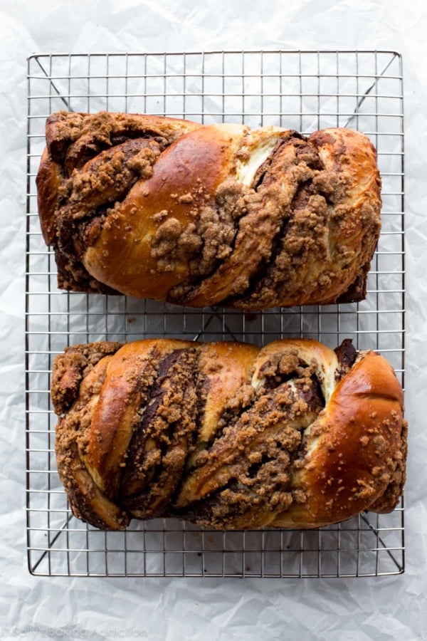 overhead image of 2 loaves of Nutella babka