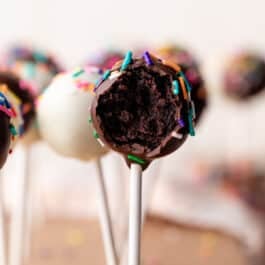 chocolate cake pop with rainbow sprinkles.