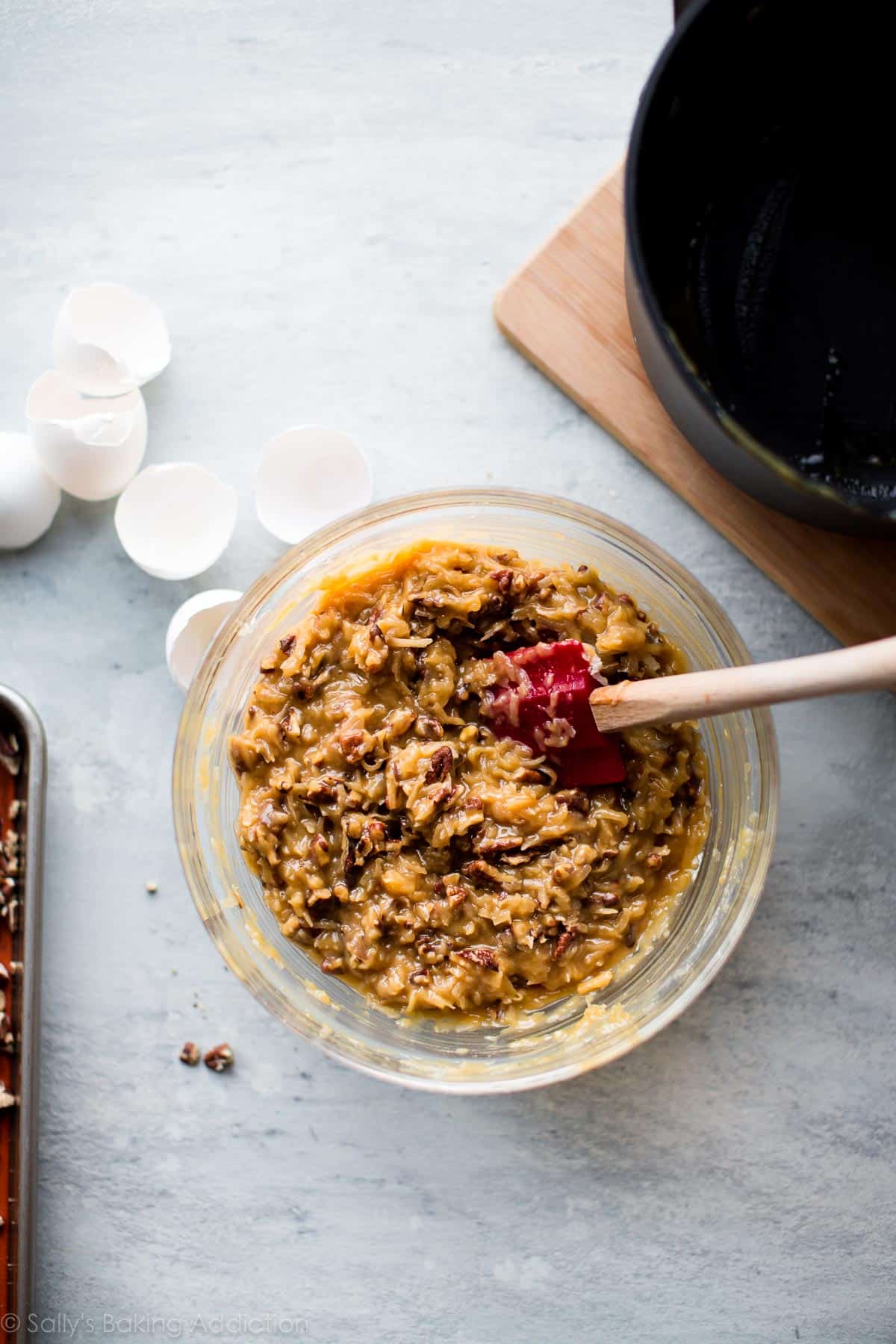 coconut pecan German chocolate cake frosting in a glass bowl