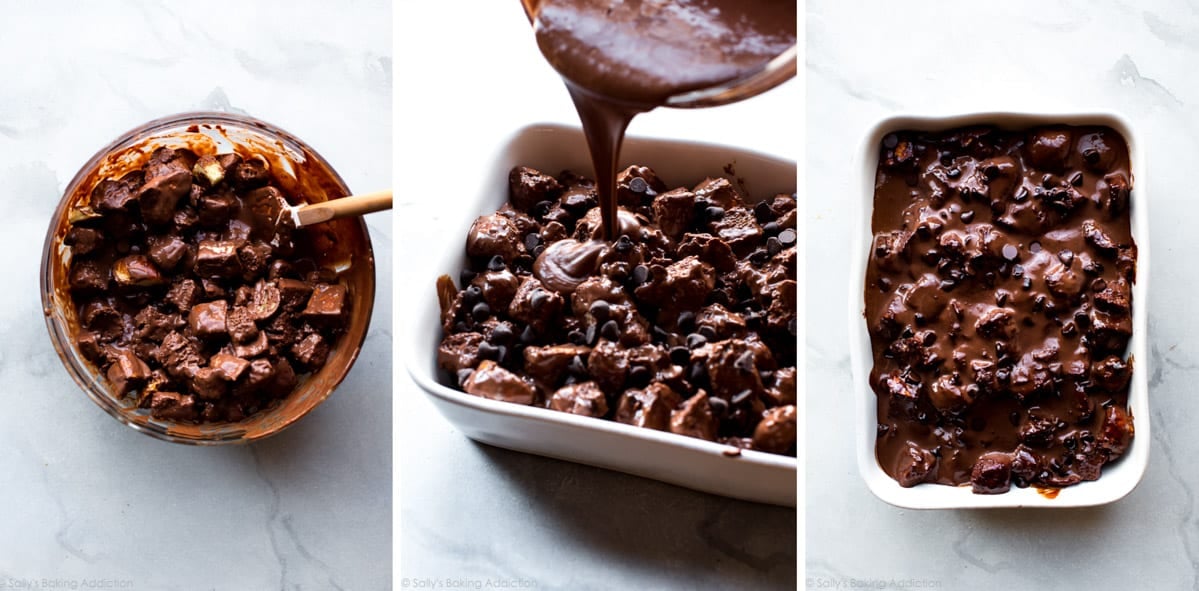 3 images of bread cubes mixed with chocolate sauce in a glass bowl, pouring remaining chocolate sauce onto mixture in a baking dish, and chocolate bread pudding before baking