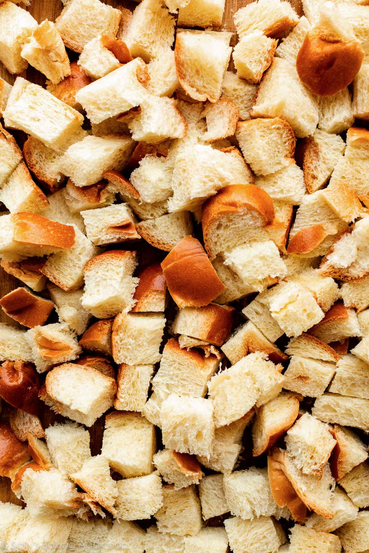 overhead photo of cubed challah bread