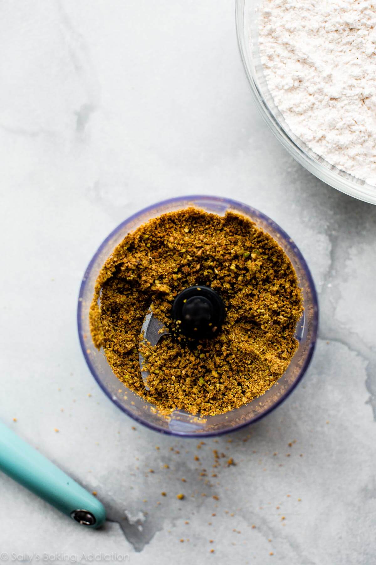 pistachio crumbs in a food processor