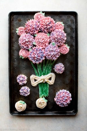 cupcake bouquet on a baking sheet