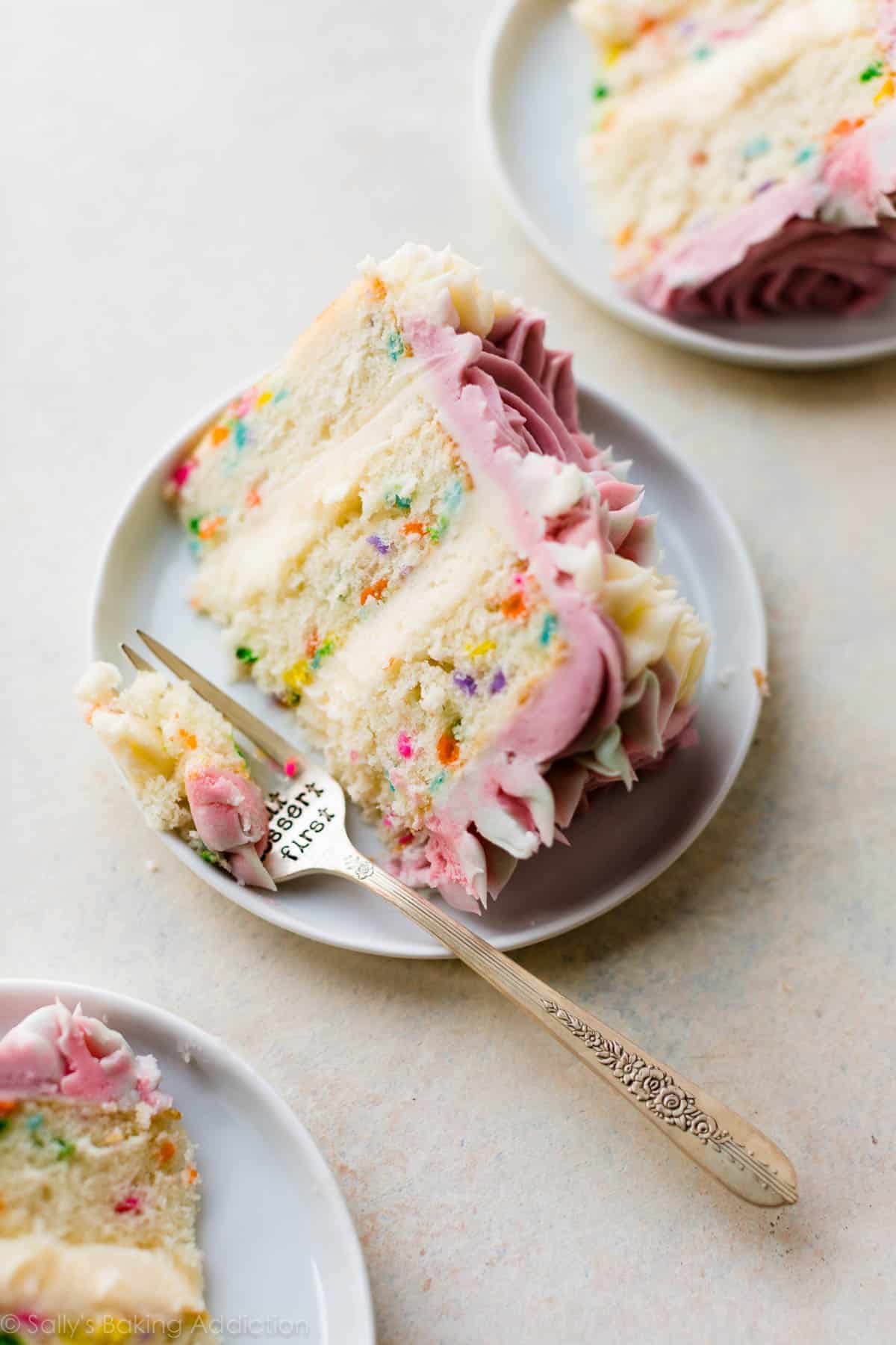 6 inch birthday cake slices on white plates