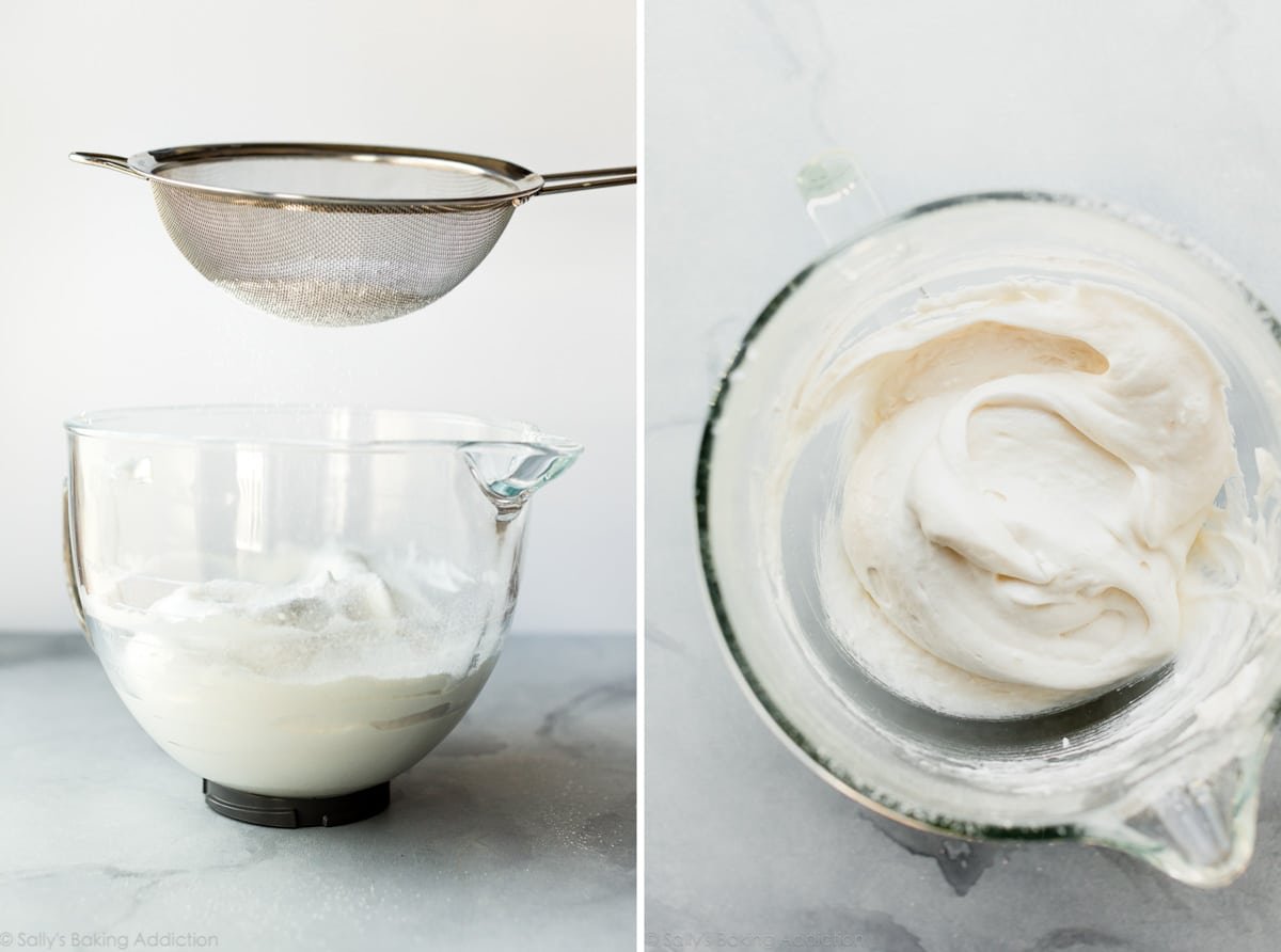 2 images of angel food cupcakes batter in a glass bowl