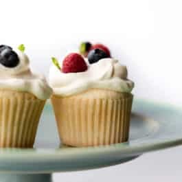 angel food cupcakes on teal cake stand