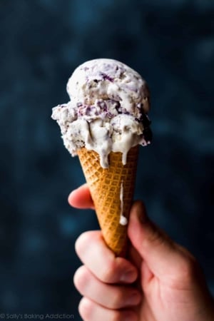 No churn blueberry crumble ice cream in ice cream cone