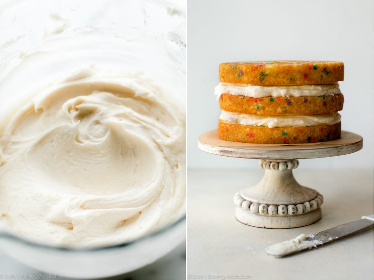 2 images of frosting in a glass bowl and 6 inch cake with vanilla buttercream on a cake stand