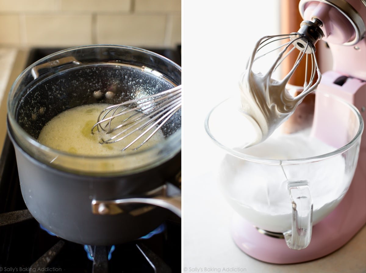 meringue topping in saucepan and in a stand mixer