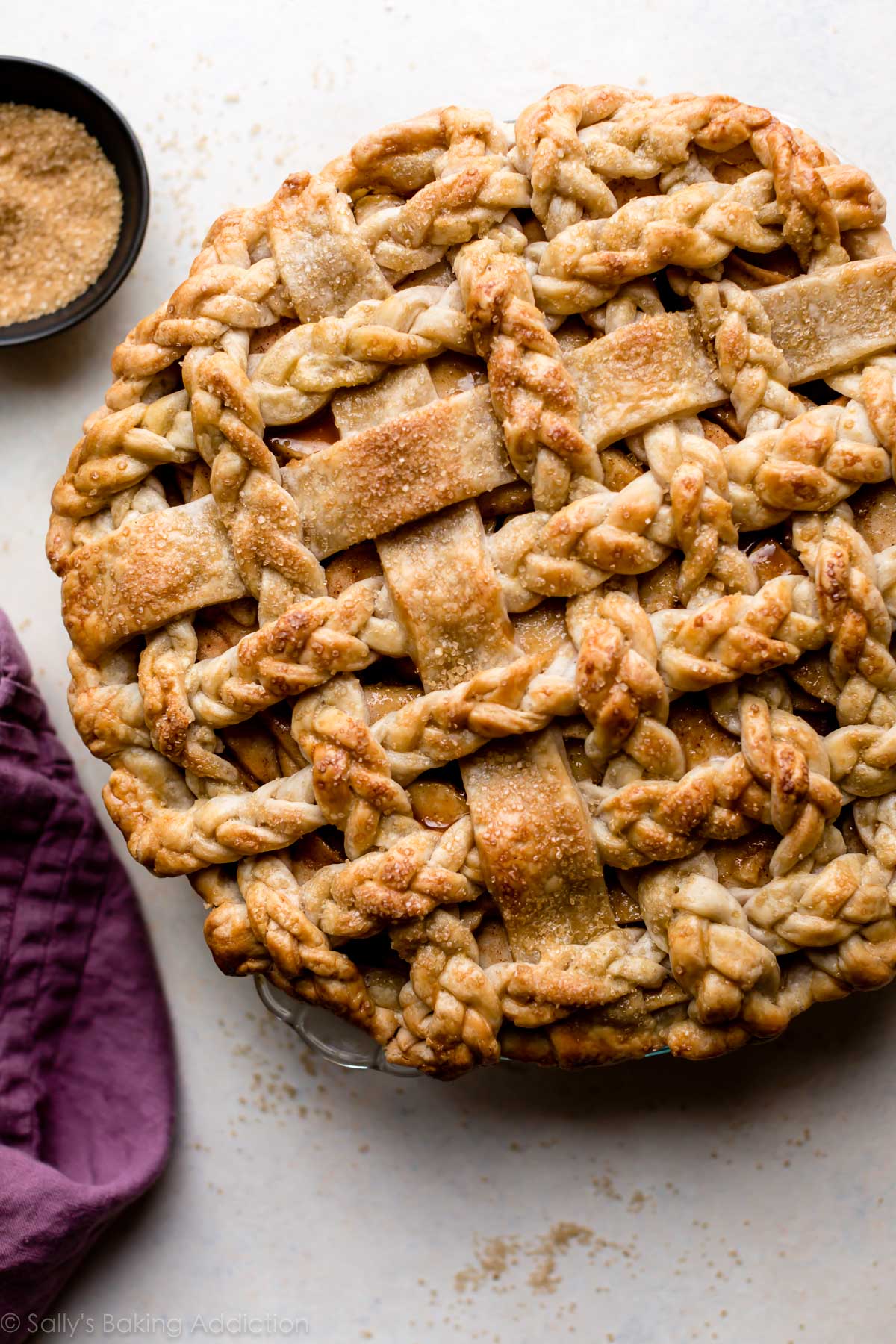 overhead image of pie with braided pie crust after baking