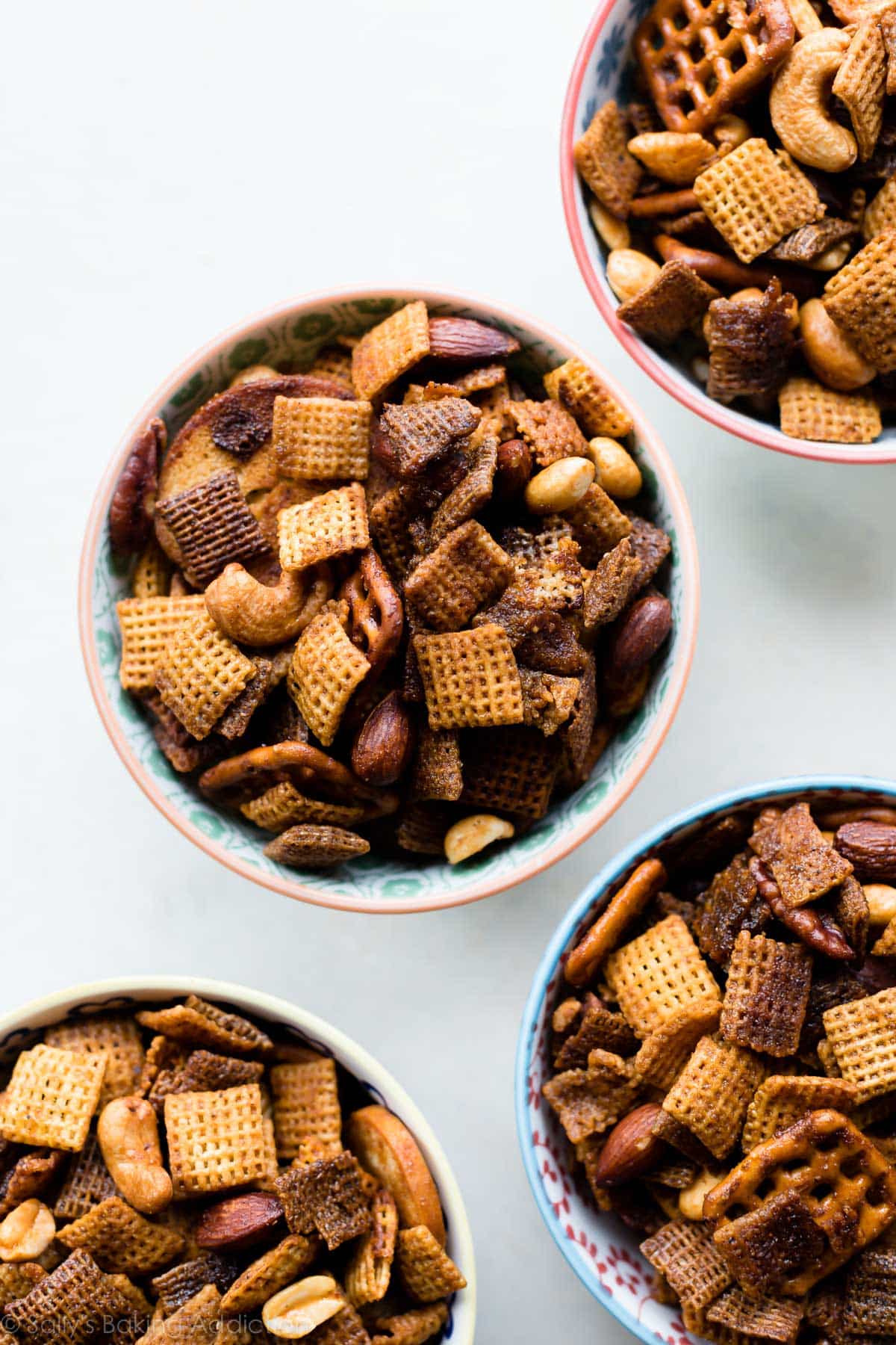 overhead image of bowls filled with Chex mix