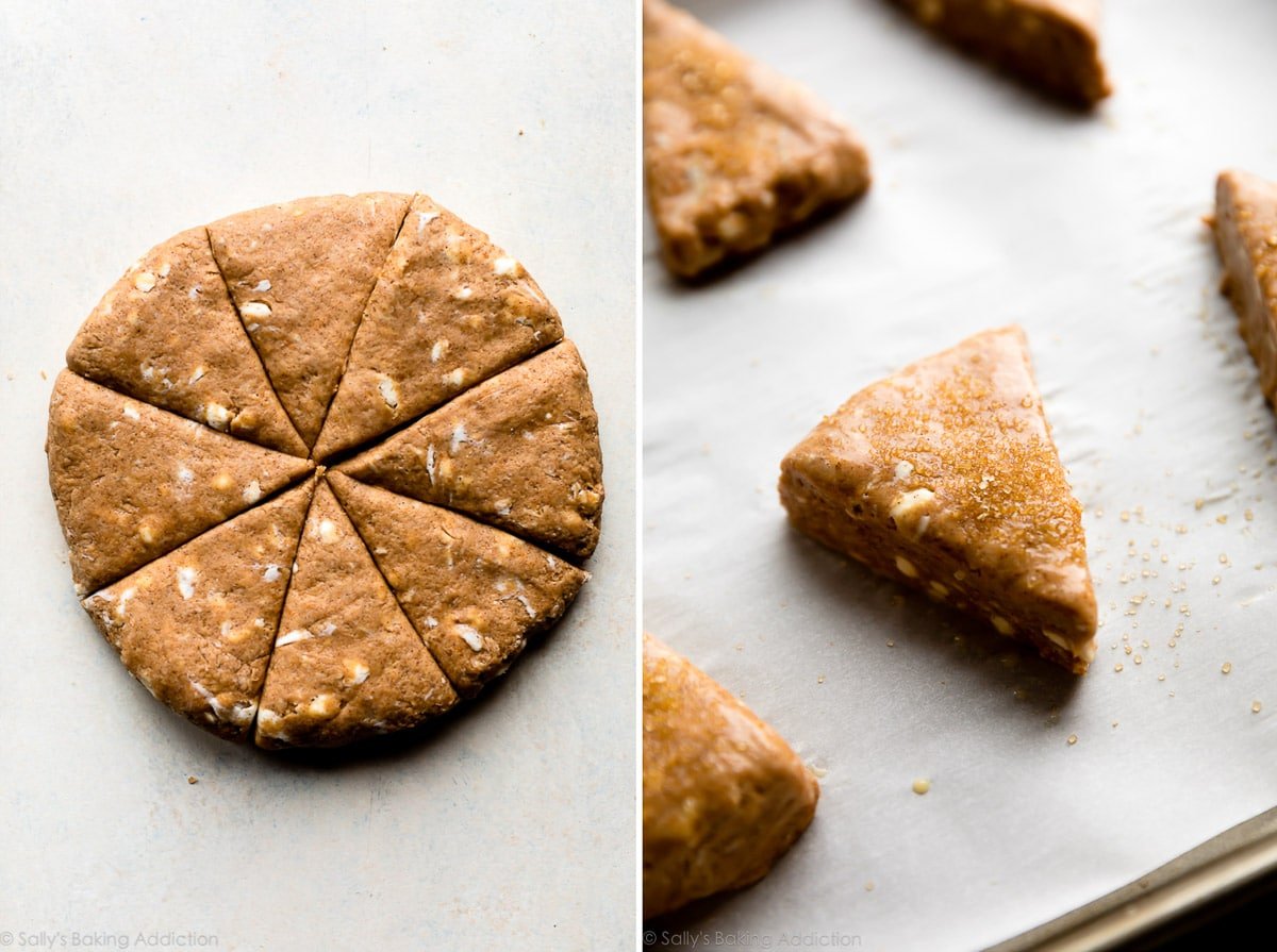 2 images of pumpkin scone dough shaped into a circle and cut into trianges