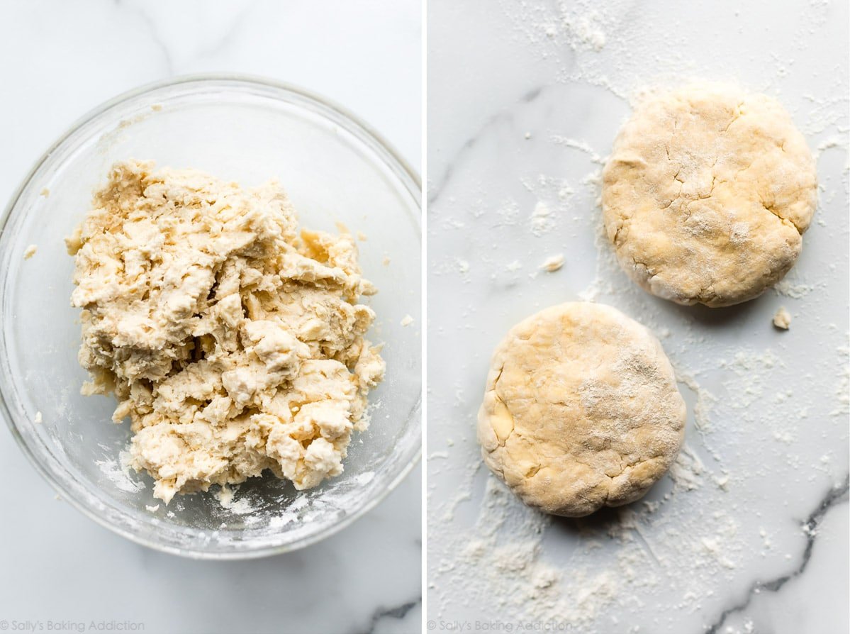 2 images of pie crust dough in a glass bowl and 2 discs of pie dough