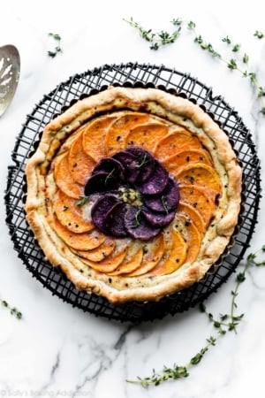 overhead image of vegetable and cheese tart