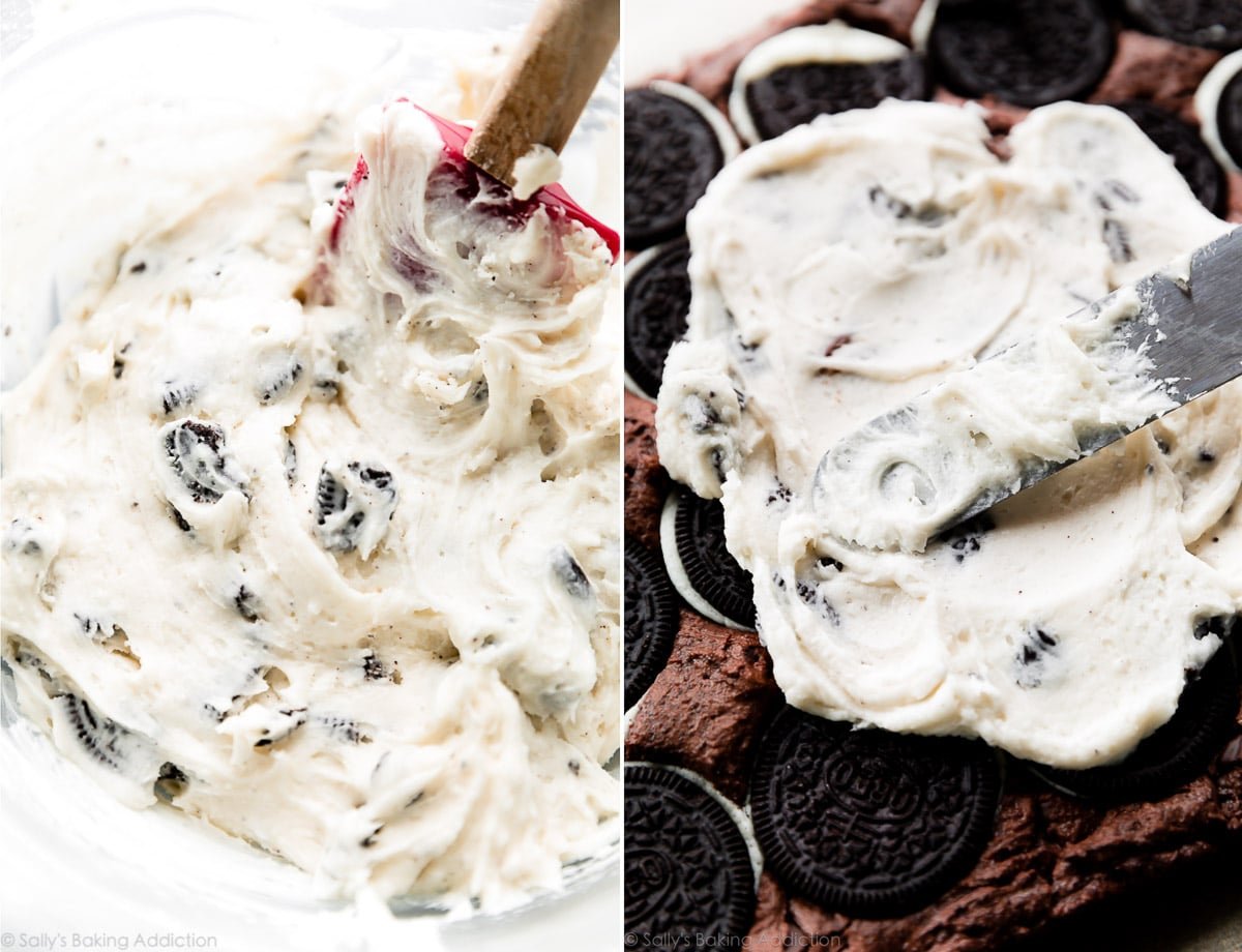 2 images of cookies and cream buttercream in a glass bowl and spreading buttercream on top of brownies