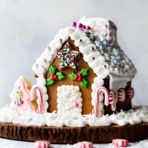 gingerbread house with frosting and decorations