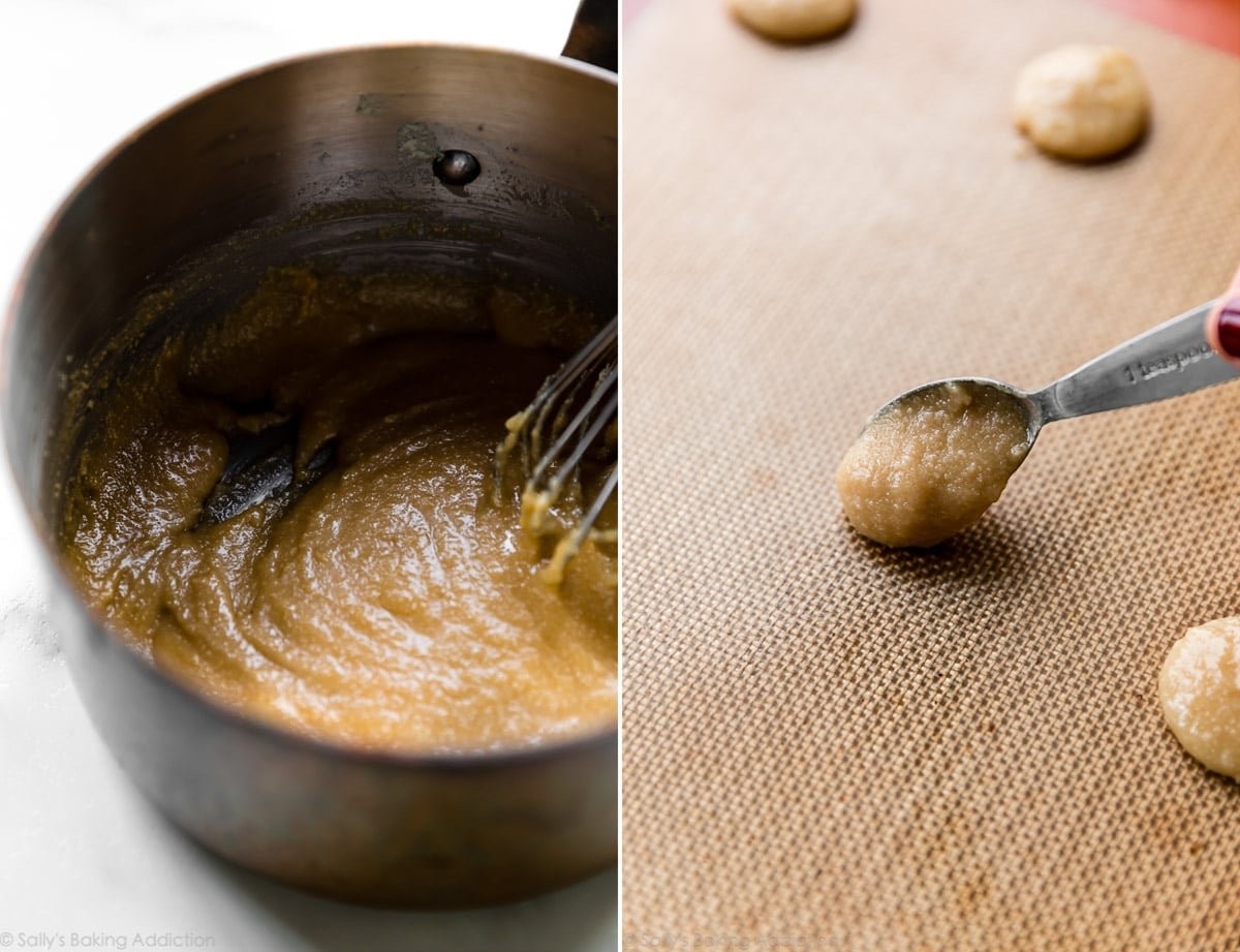 Lace cookie dough in a stove pot and lace cookie dough on baking sheet