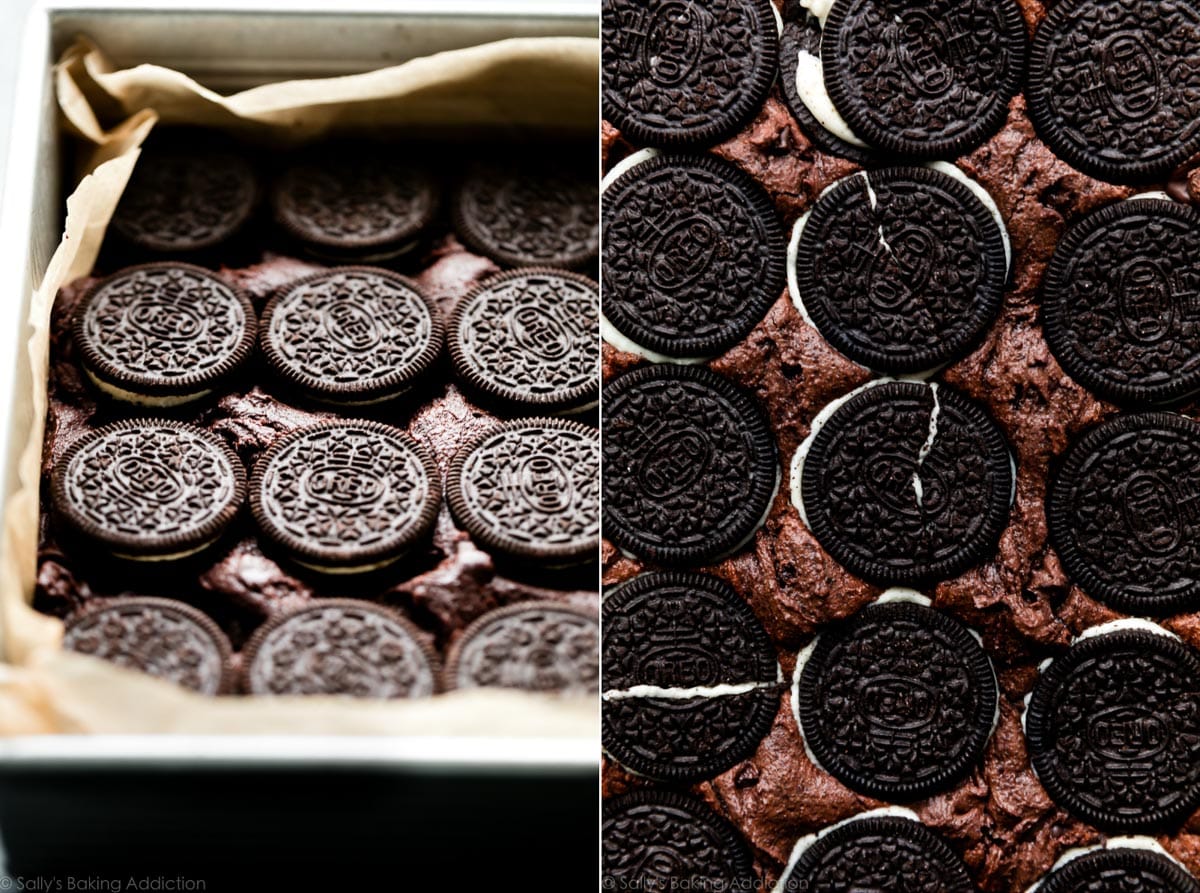 2 images of Oreo cookies layer on top of homemade brownie batter before and after baking