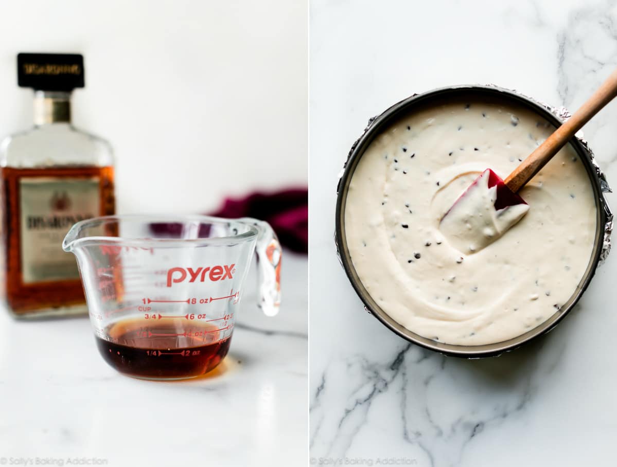 2 images of amaretto in a glass measuring cup and cheesecake batter in a springform pan before baking