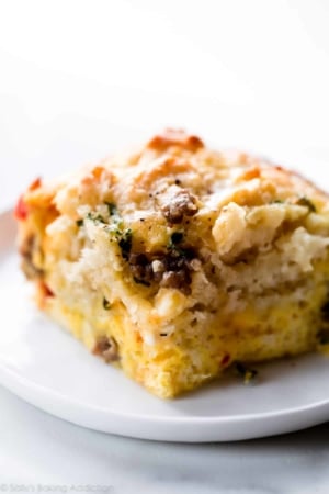 piece of biscuit breakfast casserole on a white plate