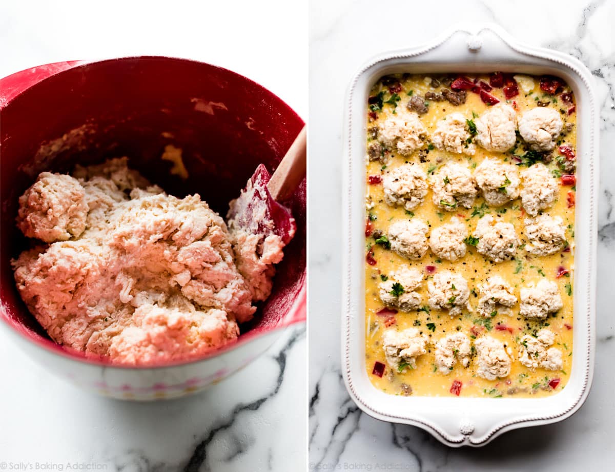 2 images of biscuit dough in a bowl and biscuits on top of breakfast egg and sausage casserole before baking