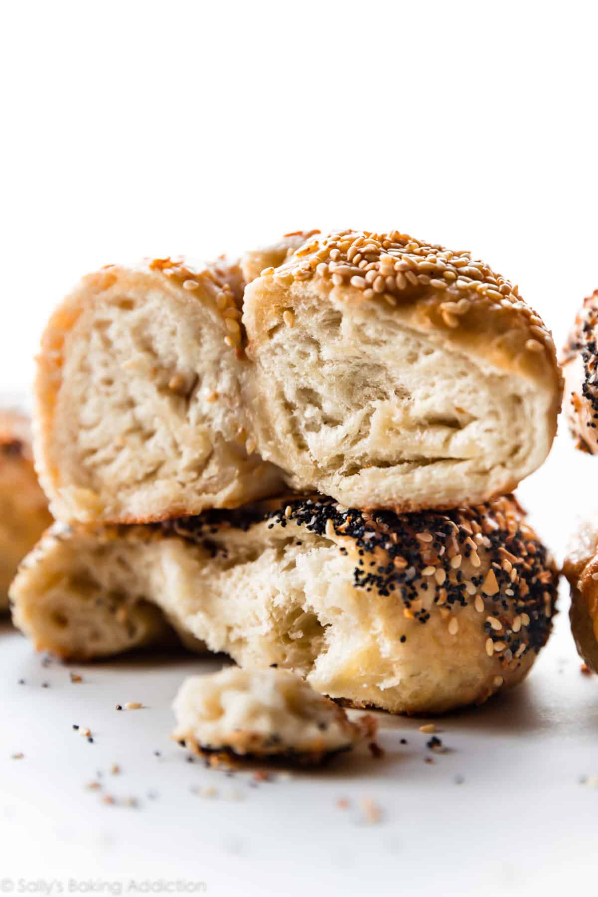 bagels cut in half in a stack