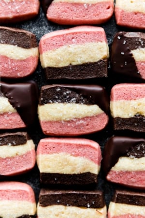 Neapolitan cookies dipped in chocolate