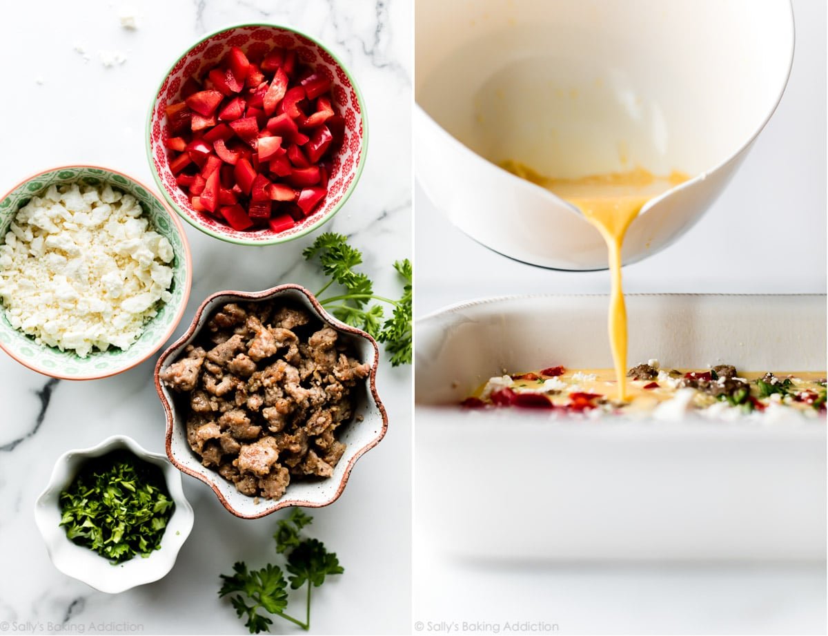 2 images of ingredients in bowls for biscuit breakfast casserole and pouring eggs into white casserole dish