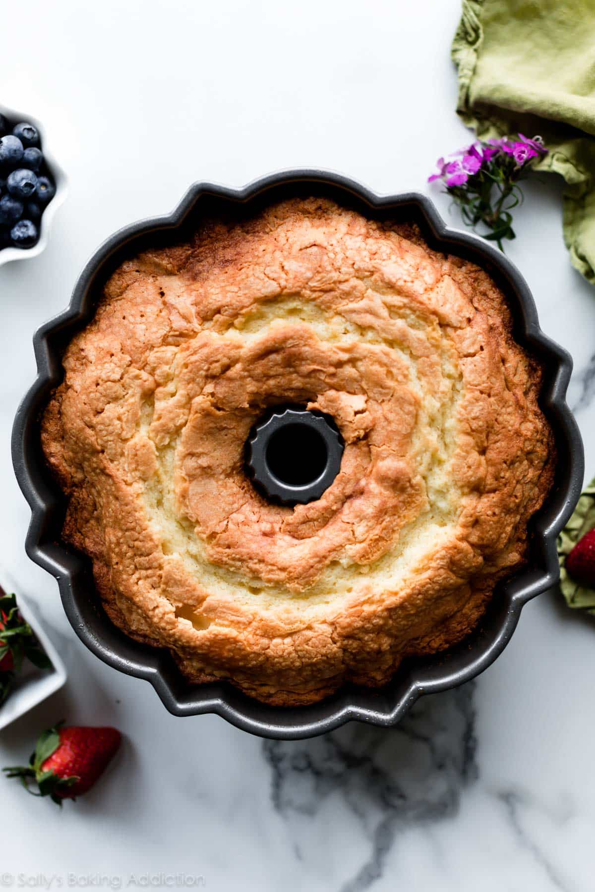 Cream cheese pound cake in cake pan after baking