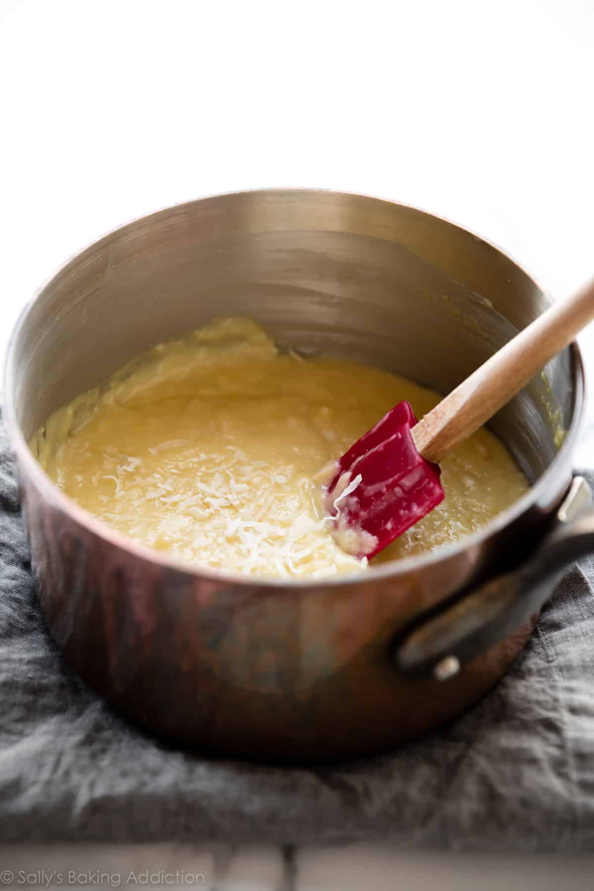 Coconut cream pie filling in saucepan