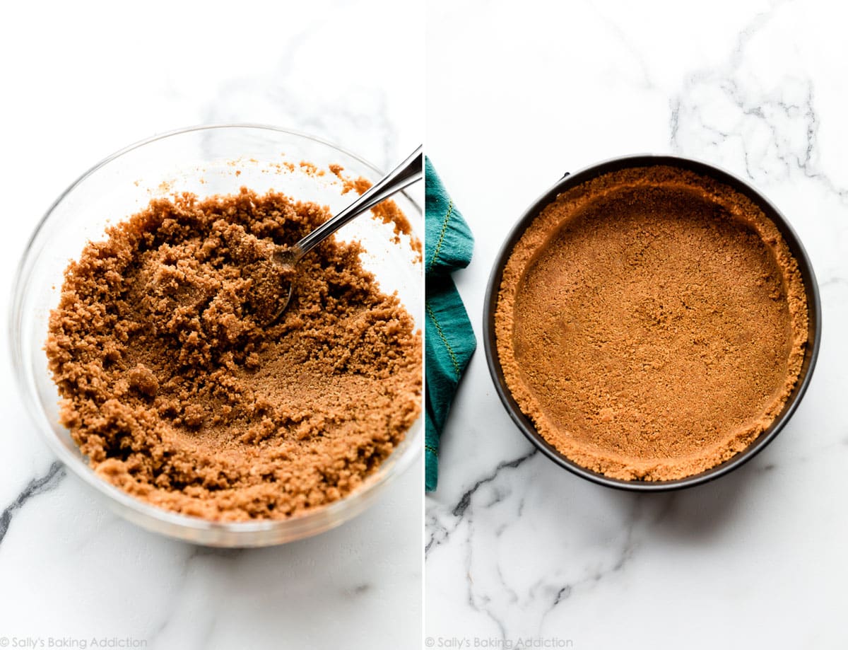 2 images of graham cracker crust in glass bowl and pressed into springform pan