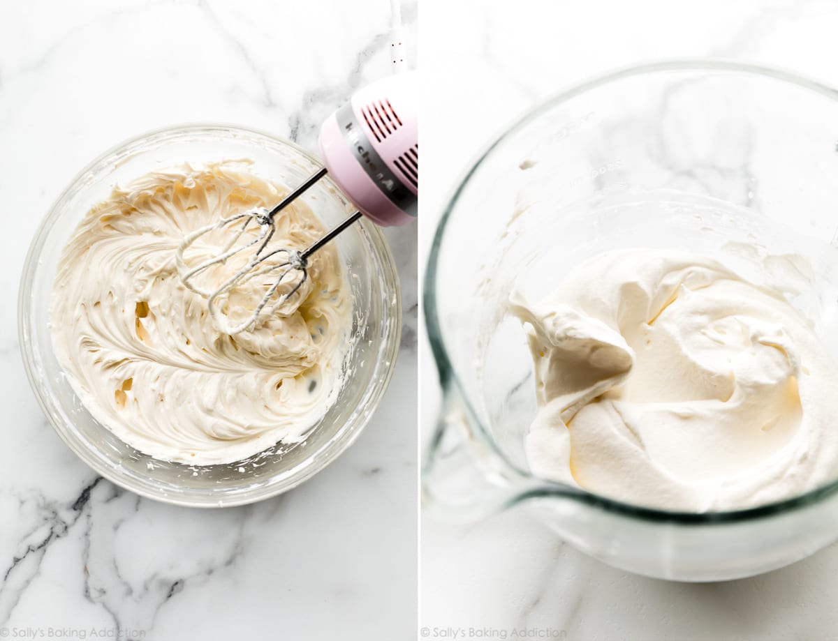 2 images of no bake cheesecake filling in glass bowls