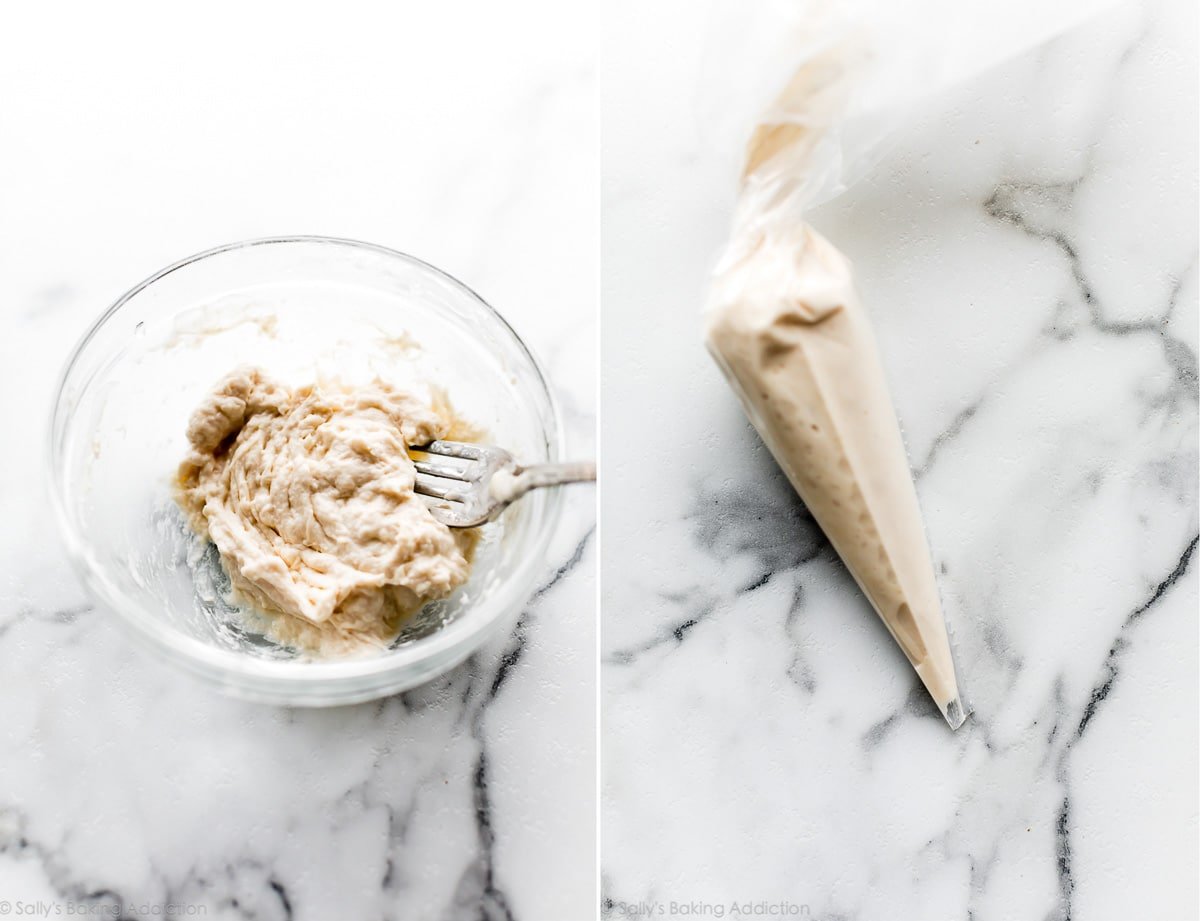 2 images of hot cross bun cross mixture and mixture in a piping bag