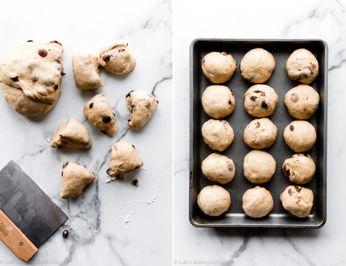 2 images of hot cross bun dough cut into pieces and rolled into dough balls on baking sheet before baking