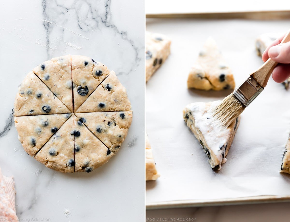 2 images of blueberry scone dough cut into wedges and brushing heavy cream onto scones before baking