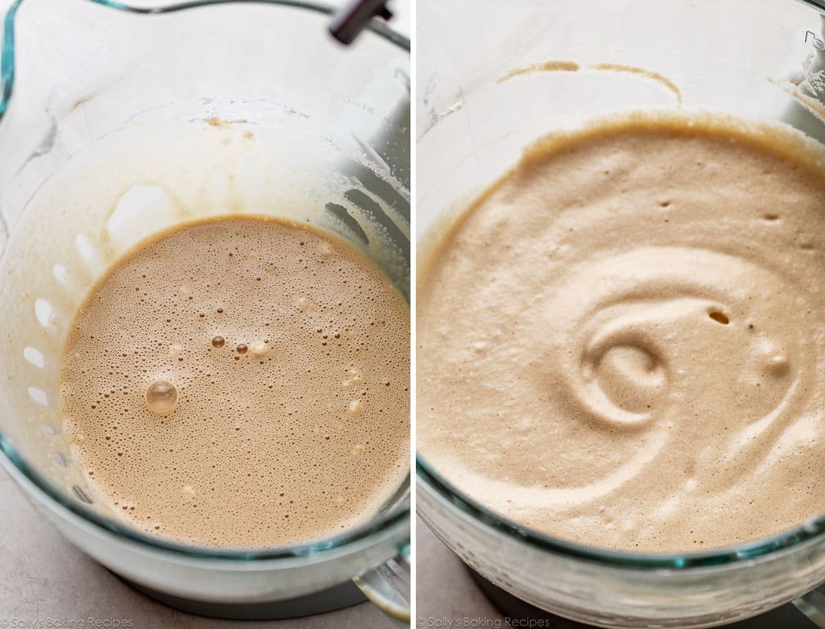 beaten egg yolk mixture before and after adding whipped egg whites.