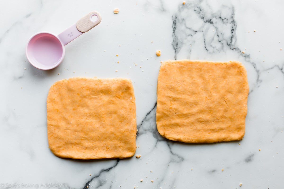 Cheese cracker dough shaped into squares