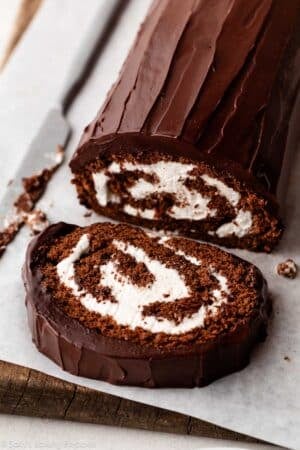 homemade swiss roll with chocolate ganache and whipped filling.