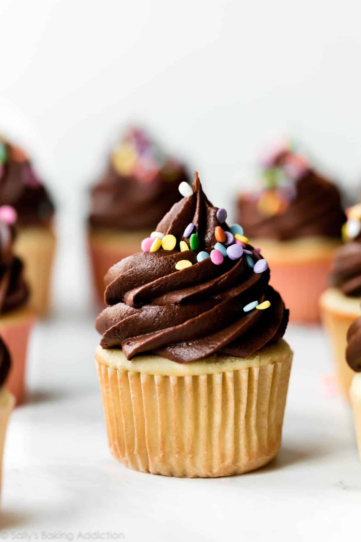 Yellow birthday cupcakes with chocolate frosting and sprinkles