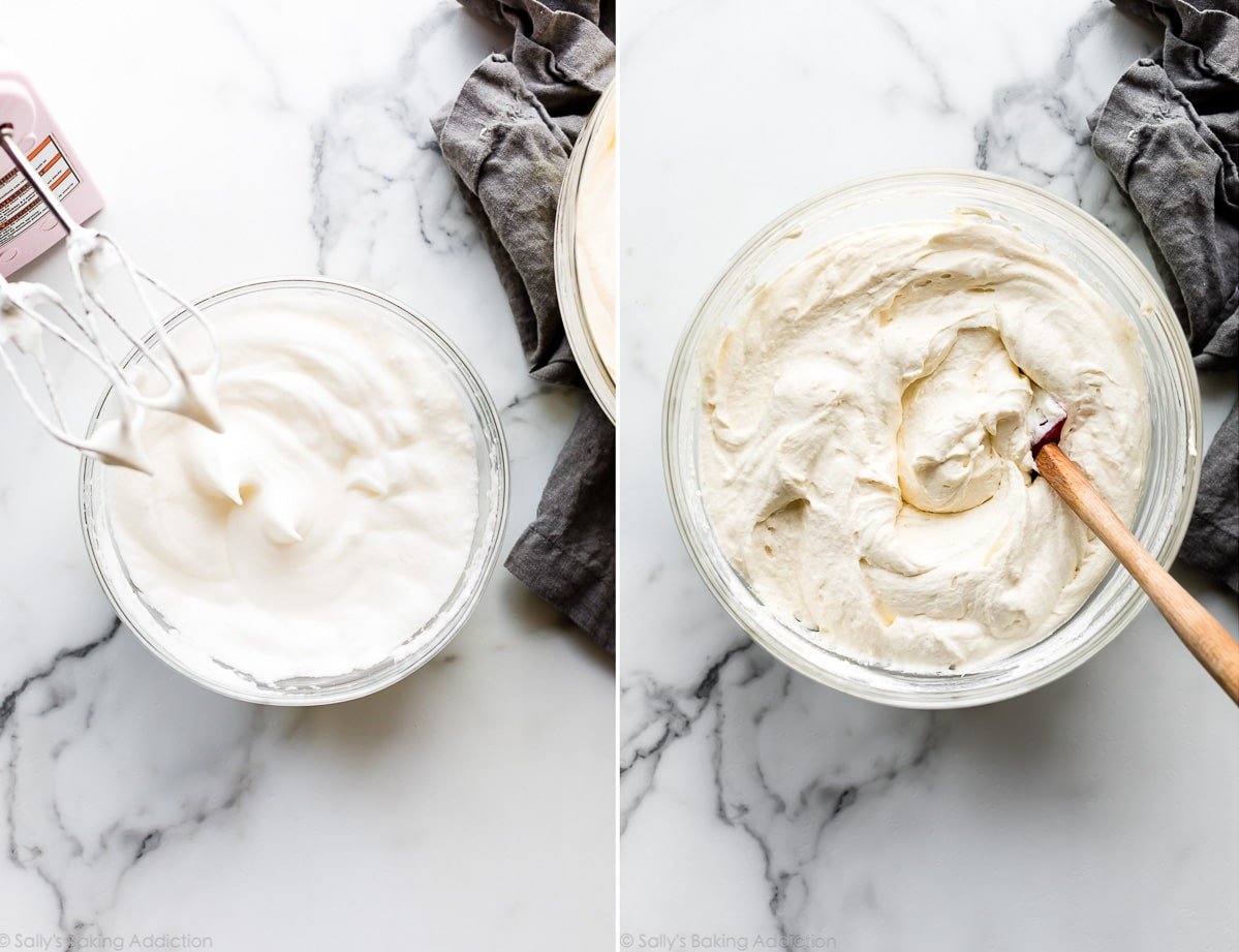 2 images of tiramisu filling in glass bowls