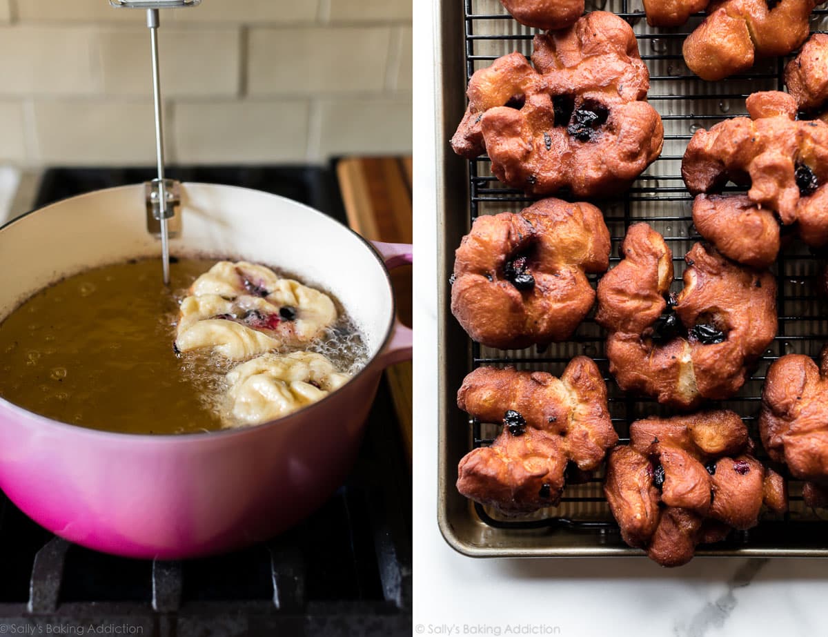 2 images of frying berry fritters in pink pot and on cooling rack