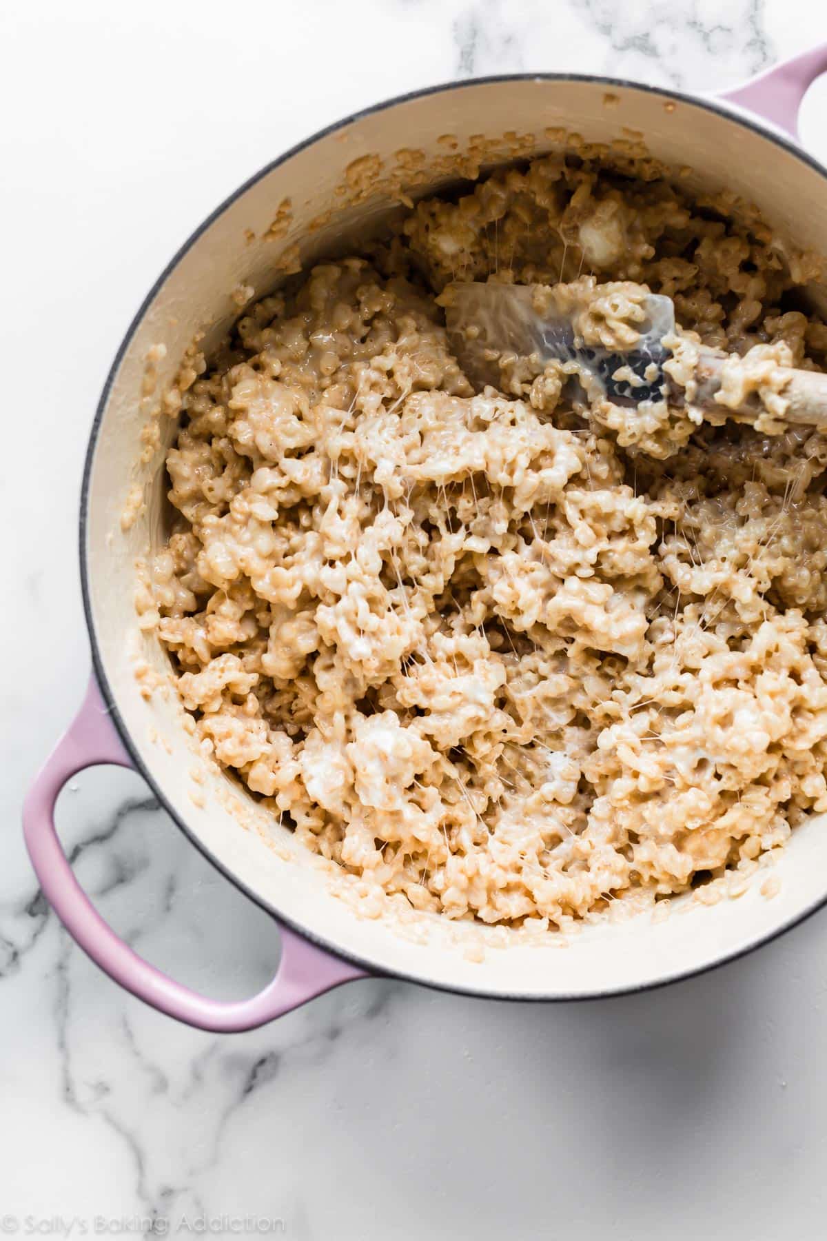 crispy rice cereal and marshmallow mixture in large pot.