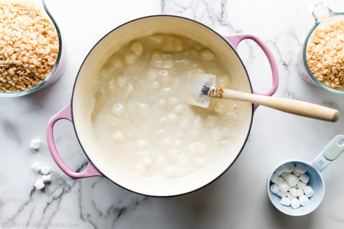 Melted marshmallow butter mixture for crispy rice treats in a pot