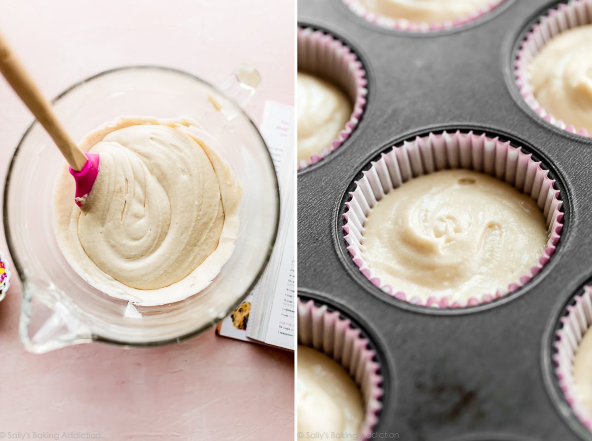 2 images of cookie dough cupcakes batter in a mixing bowl and in a cupcake pan