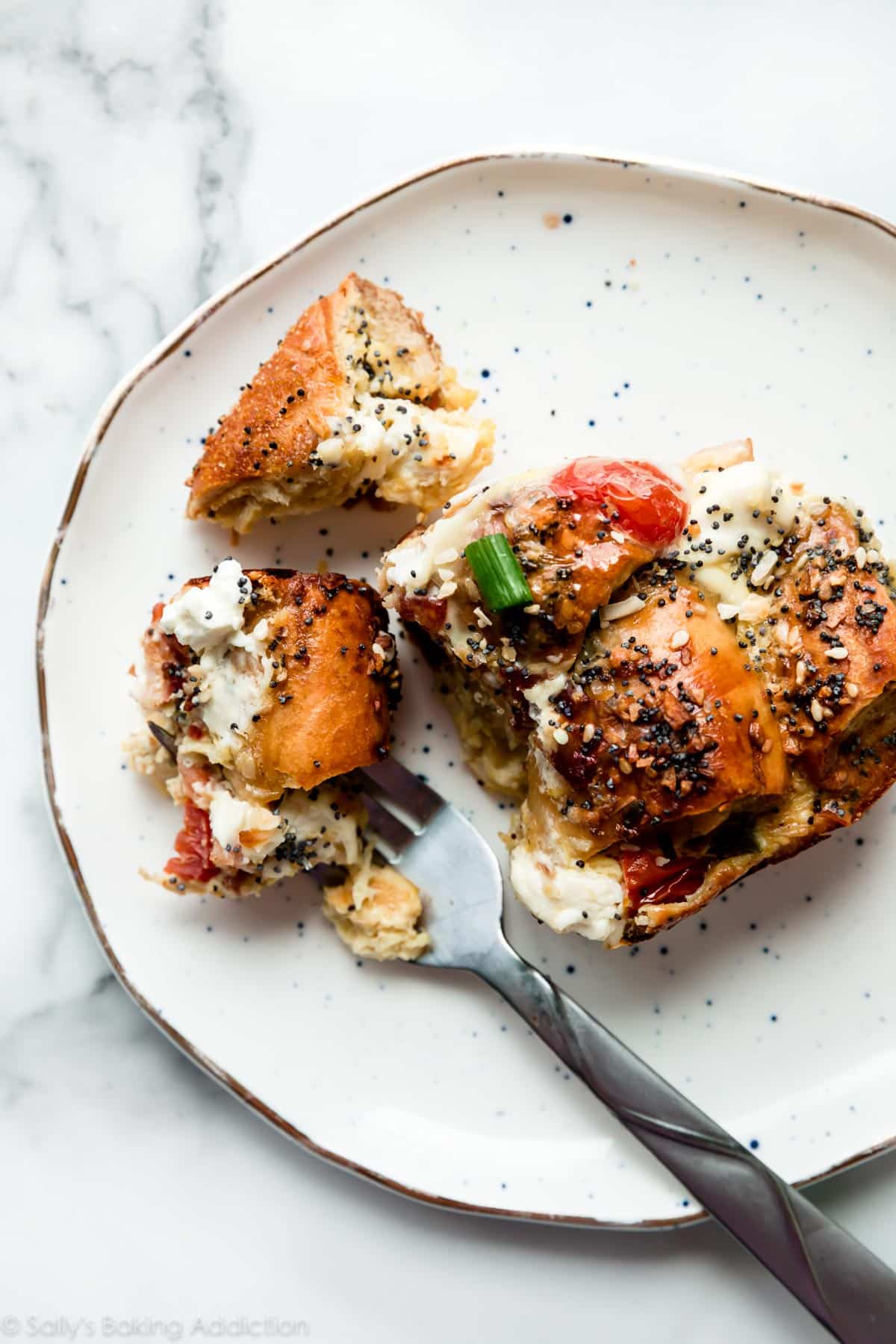 everything bagel casserole serving on a plate