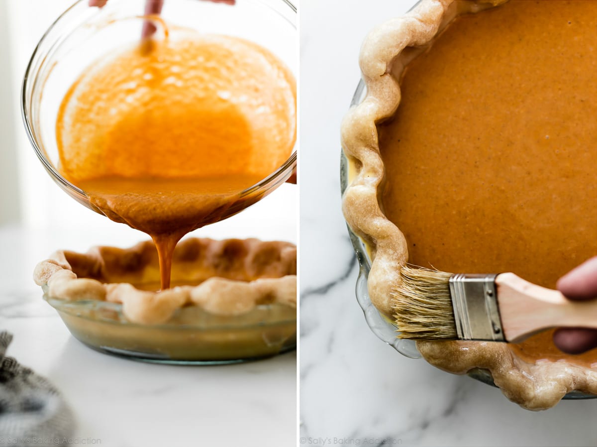 2 images of pouring pumpkin pie filling into pie crust and brushing pie crust with egg wash before baking